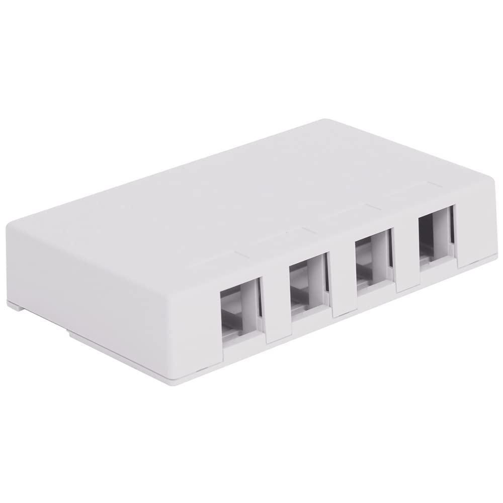 ICC 4 Port Surface Mount Box in White, Works with Slim and Wide Profile Keystone Jacks (Sold Separately), Compact Outlet for Voice and Data Connections, UL Listed TAA Compliant