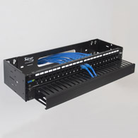 CAT6A keystone couplers on blank patch panel with hinged bracket