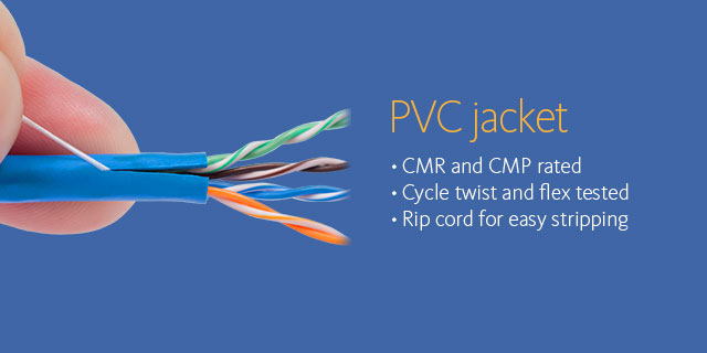 PVC jacket •CMR and CMP rated •Cycle twist and flex tested •Rip cord for easy stripping