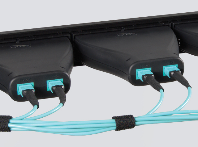 Back of plastic cassettes with MPO connectors and female MPO patch cords