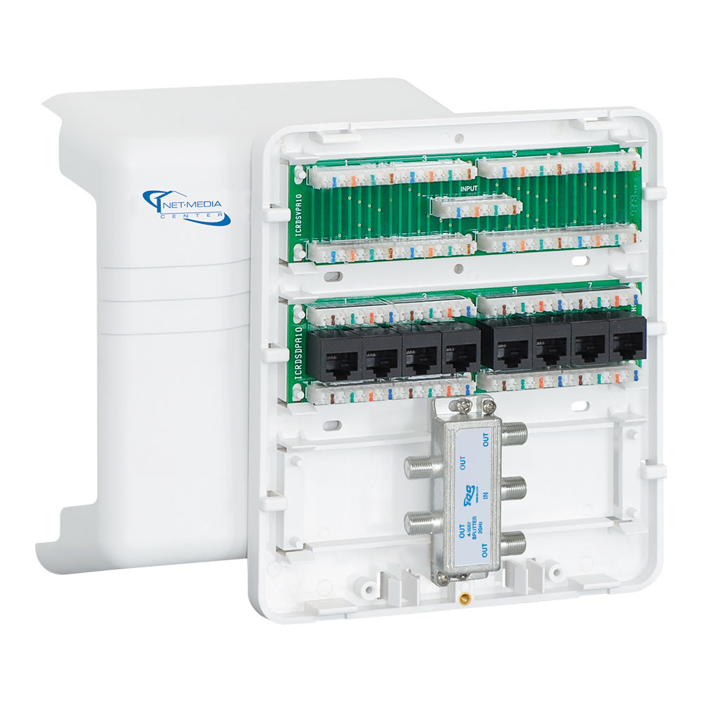 ICC Compact Plastic Structured Media Enclosure, Small Media Enclosure Box with CAT5e 8-Port PoE++, 1x8 Bridged Telephone, & 1x4 Video, 7.5 x 6.5 x 3.5 Inch, UL Listed TAA Compliant, ICRDSMMBK1