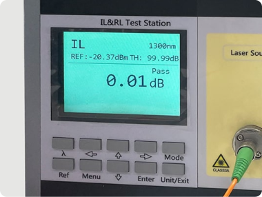 Fiber optic patch cord testing for insertion loss, with passing test result with 0.01 dB